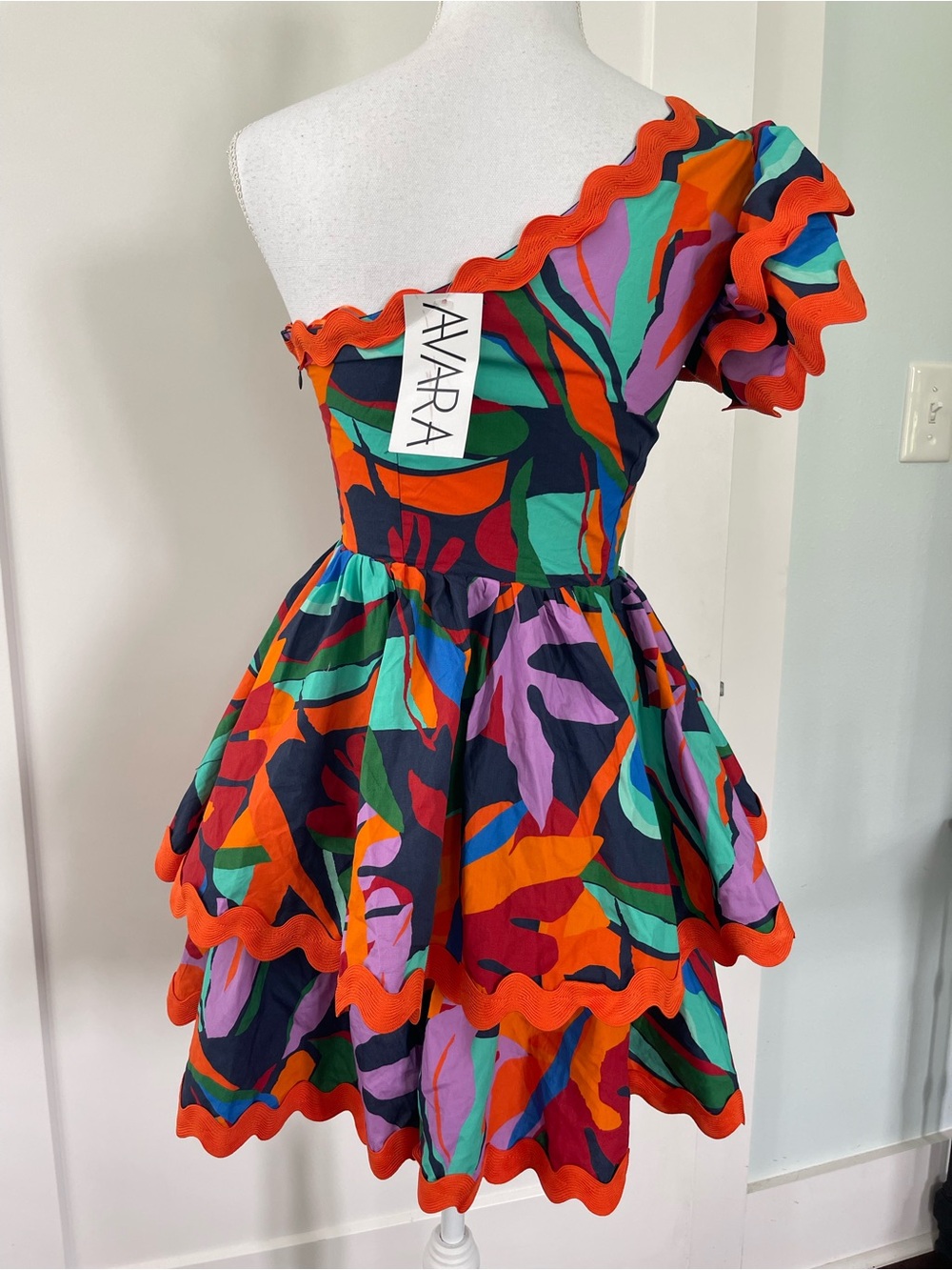 Avara One Shoulder Ruffle Dress Bright Resort Cotton Ric Rac Small NWT - Picture 2 of 7
